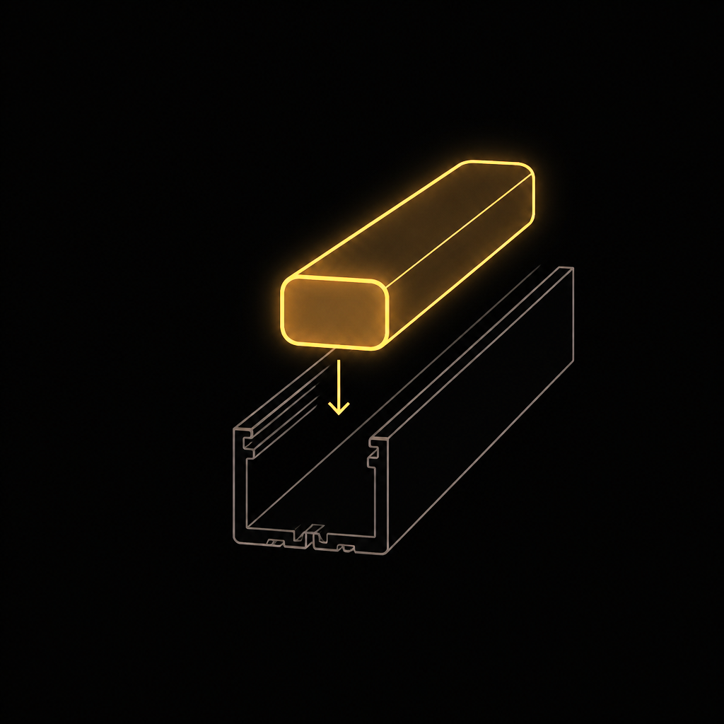 Line drawing of a glowing silicone neon flex being pressed into an aluminium channel