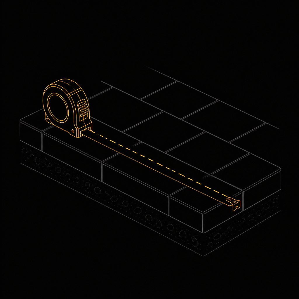 Line drawing of a tape measure marking a run length along a paver edge