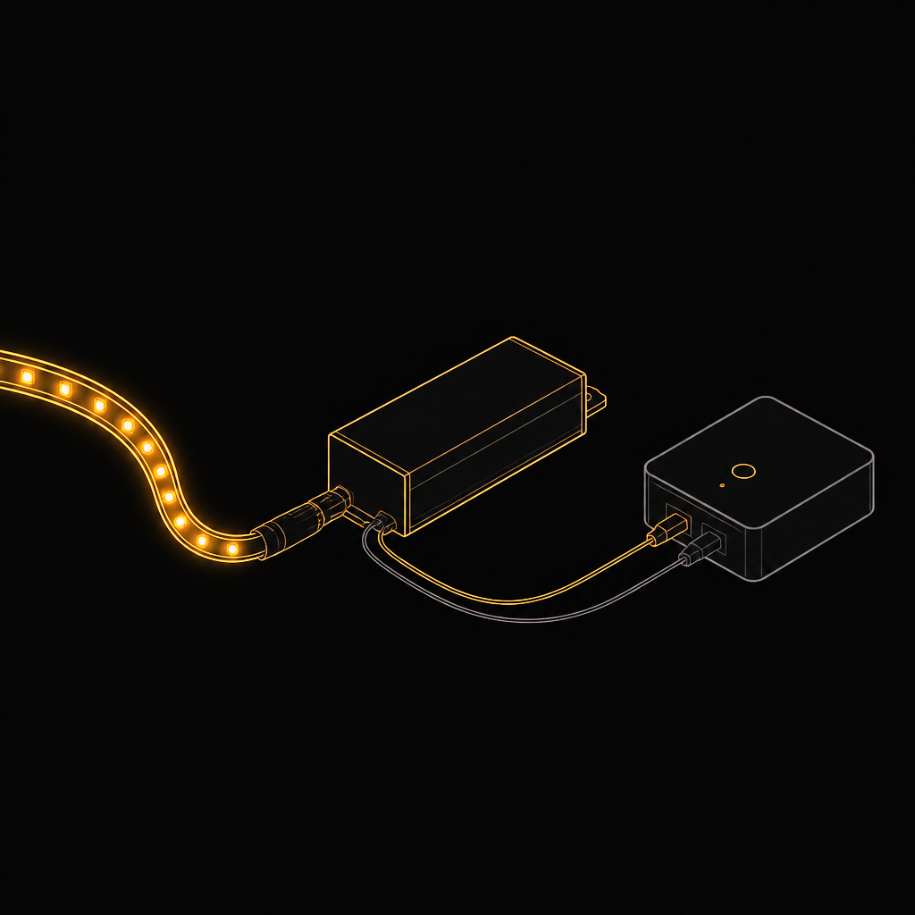 Line drawing of an LED strip connected to a driver and smart controller