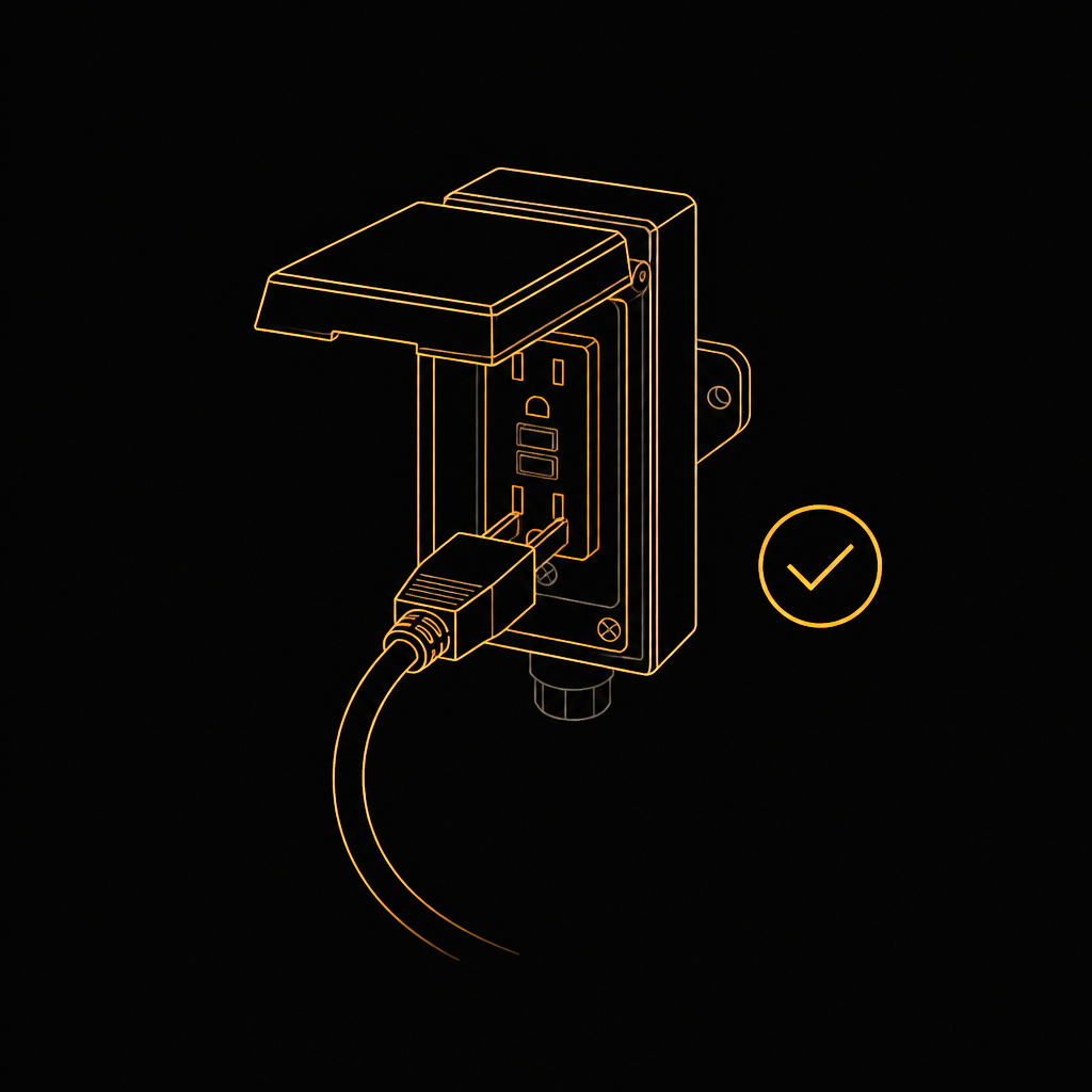 Line drawing of a plug being inserted into an outdoor GFCI outlet