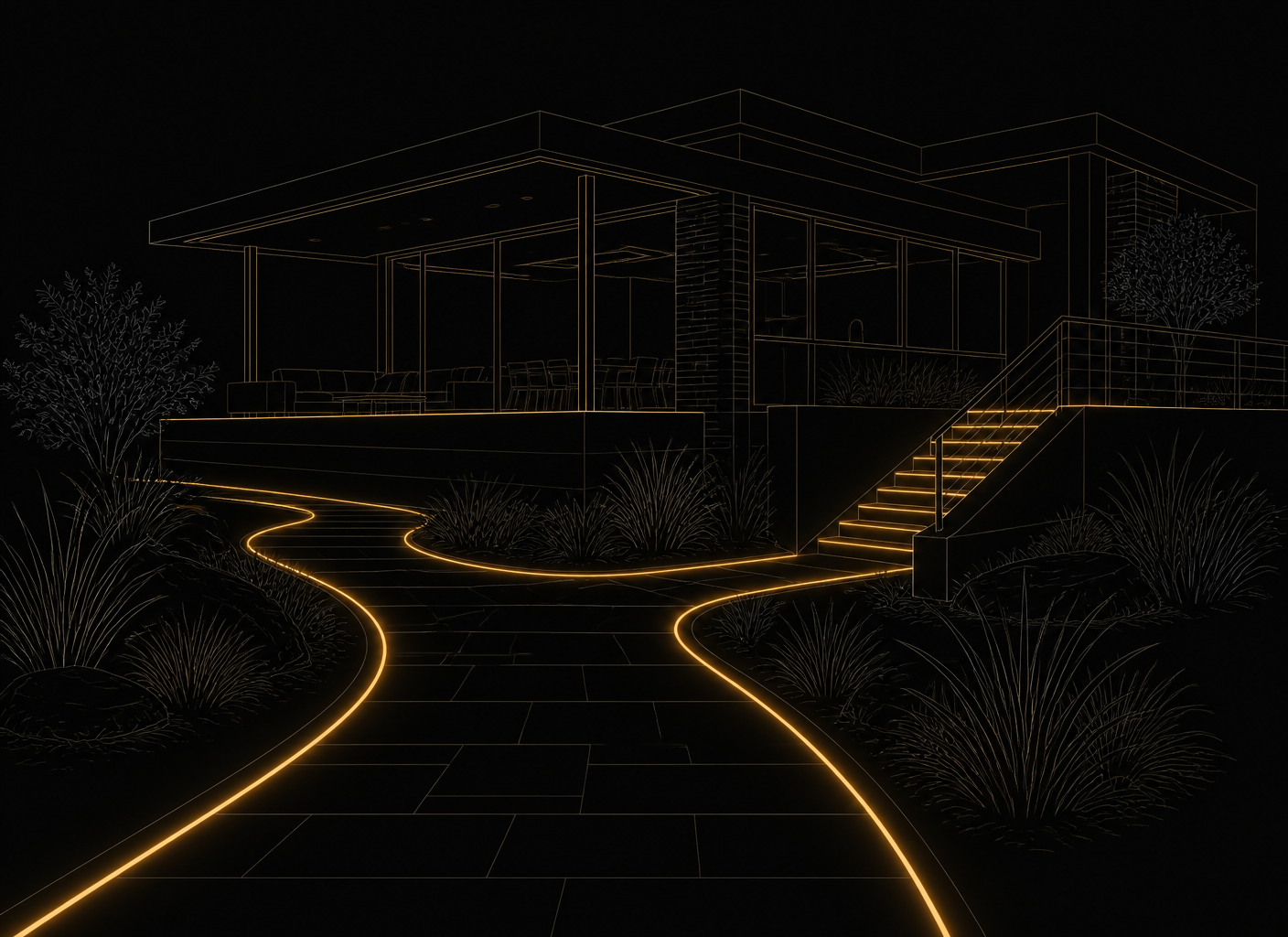 Line-art illustration of a modern home at night with Zylo LED lighting along the walkway and stairs