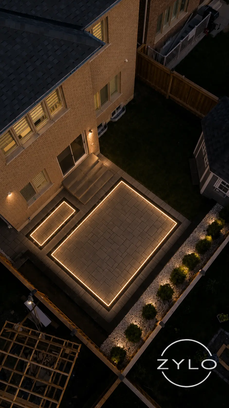 Backyard patio and landing lit with Zylo LED lighting