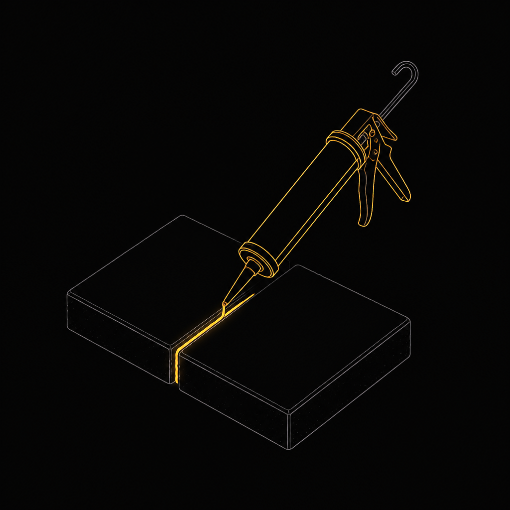 Line drawing of a caulking gun laying a bead of adhesive between two pavers
