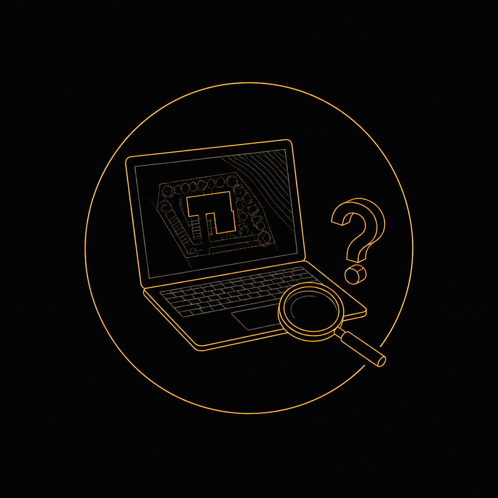 Line-art illustration of a laptop showing a lighting site plan