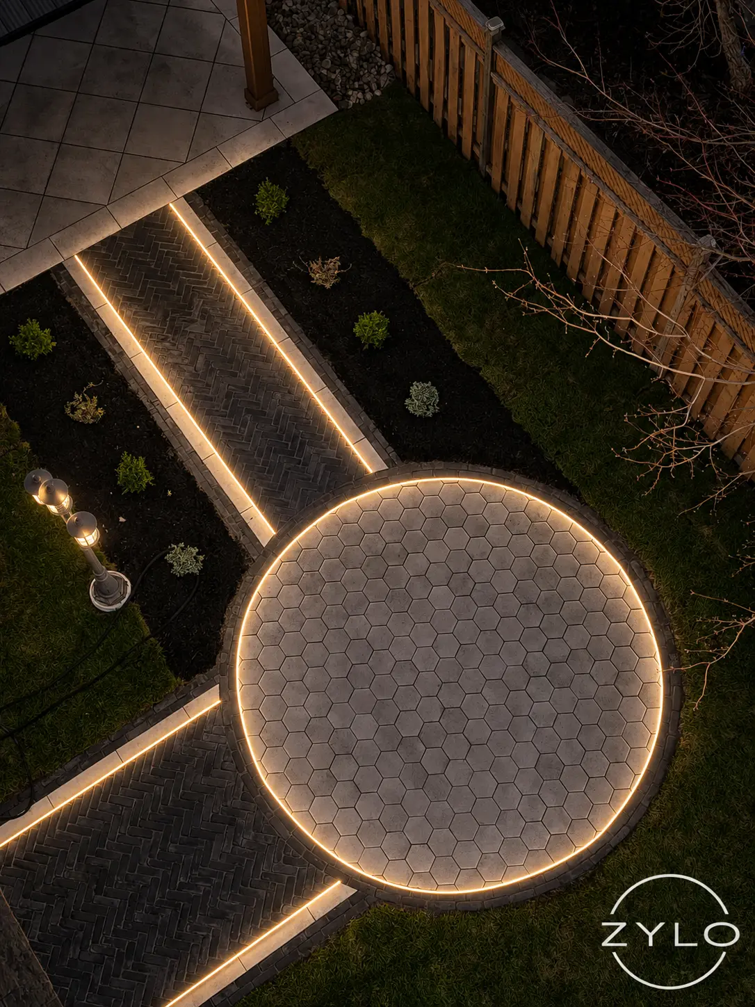 Landscape walkway and steps lit at night with Zylo LED lighting