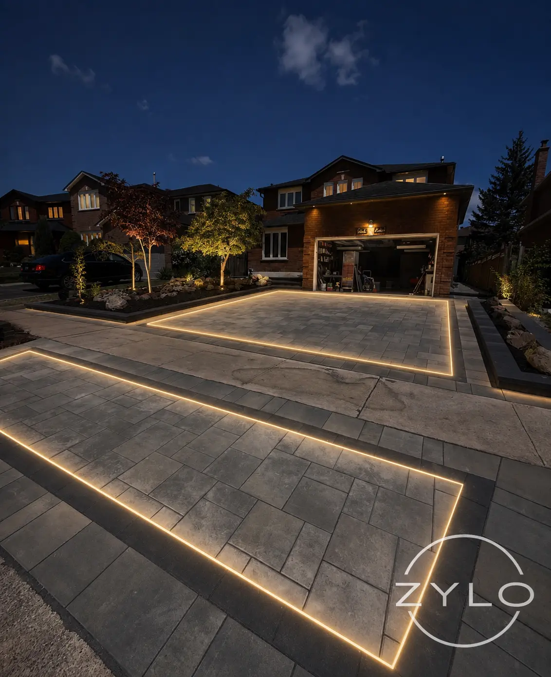 Interlock driveway framed with Zylo LED lighting at dusk