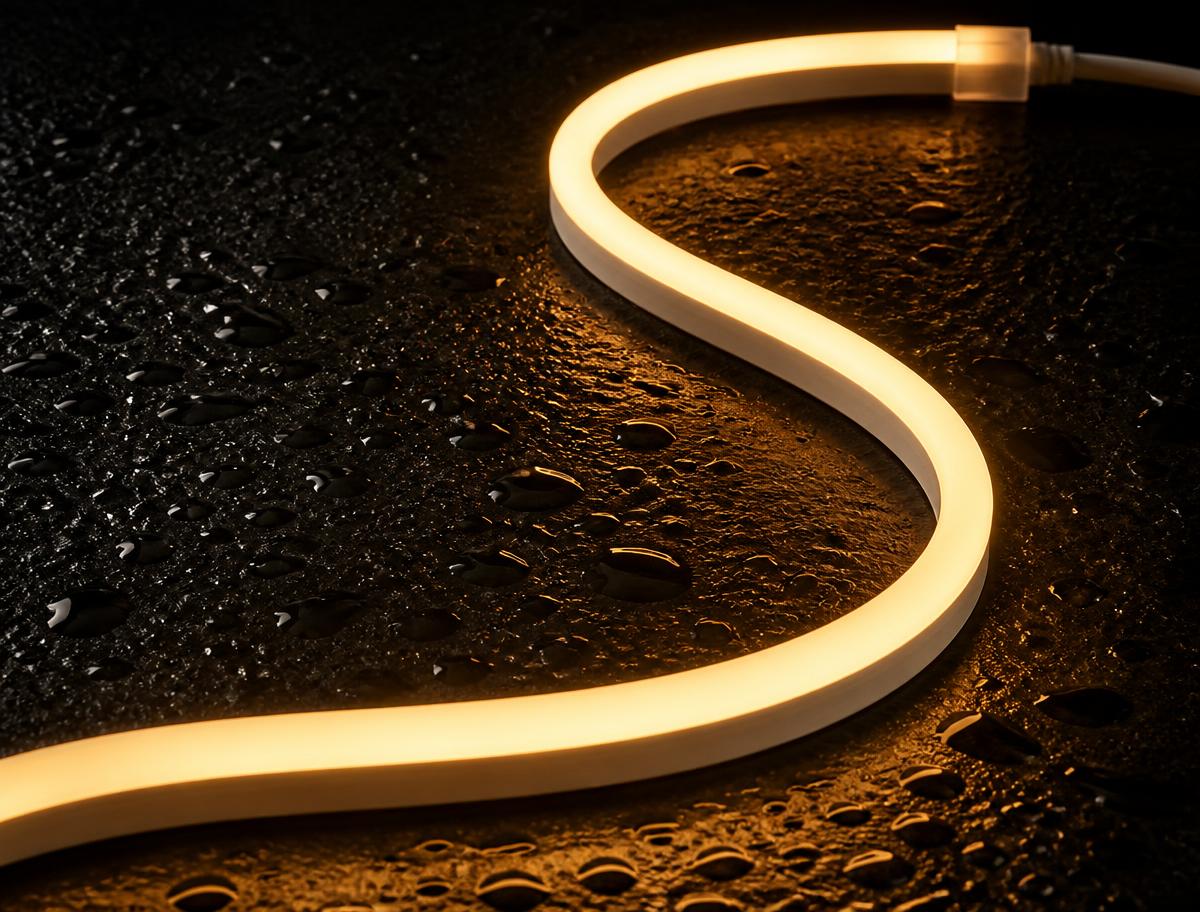 Zylo dot-free warm white LED neon-flex strip curving across a wet dark surface